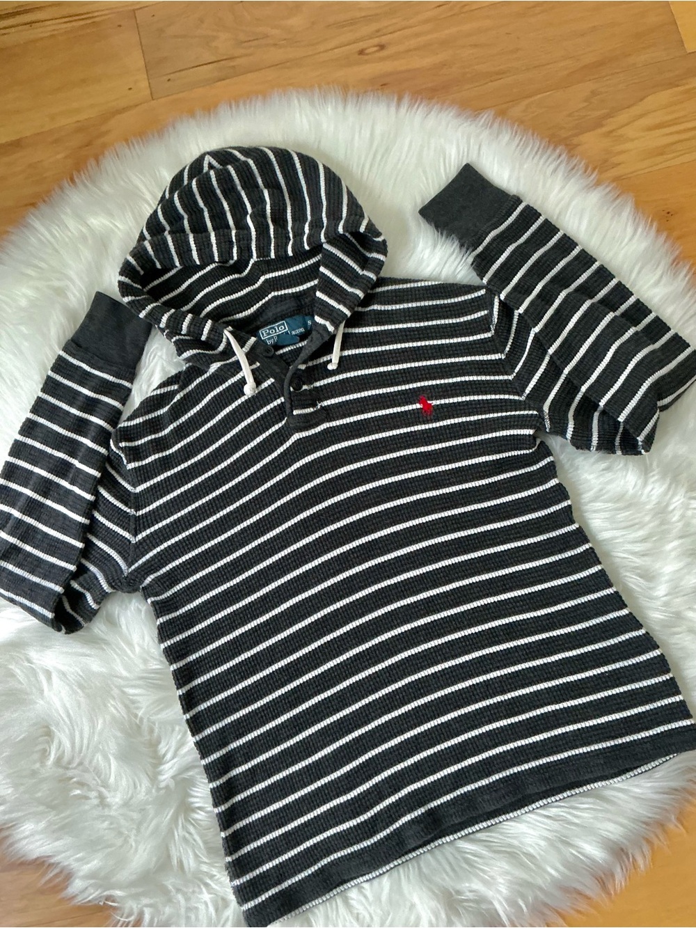 Polo Ralph Lauren Grey and White Striped Textured Cotton  Hooded Pullover Small